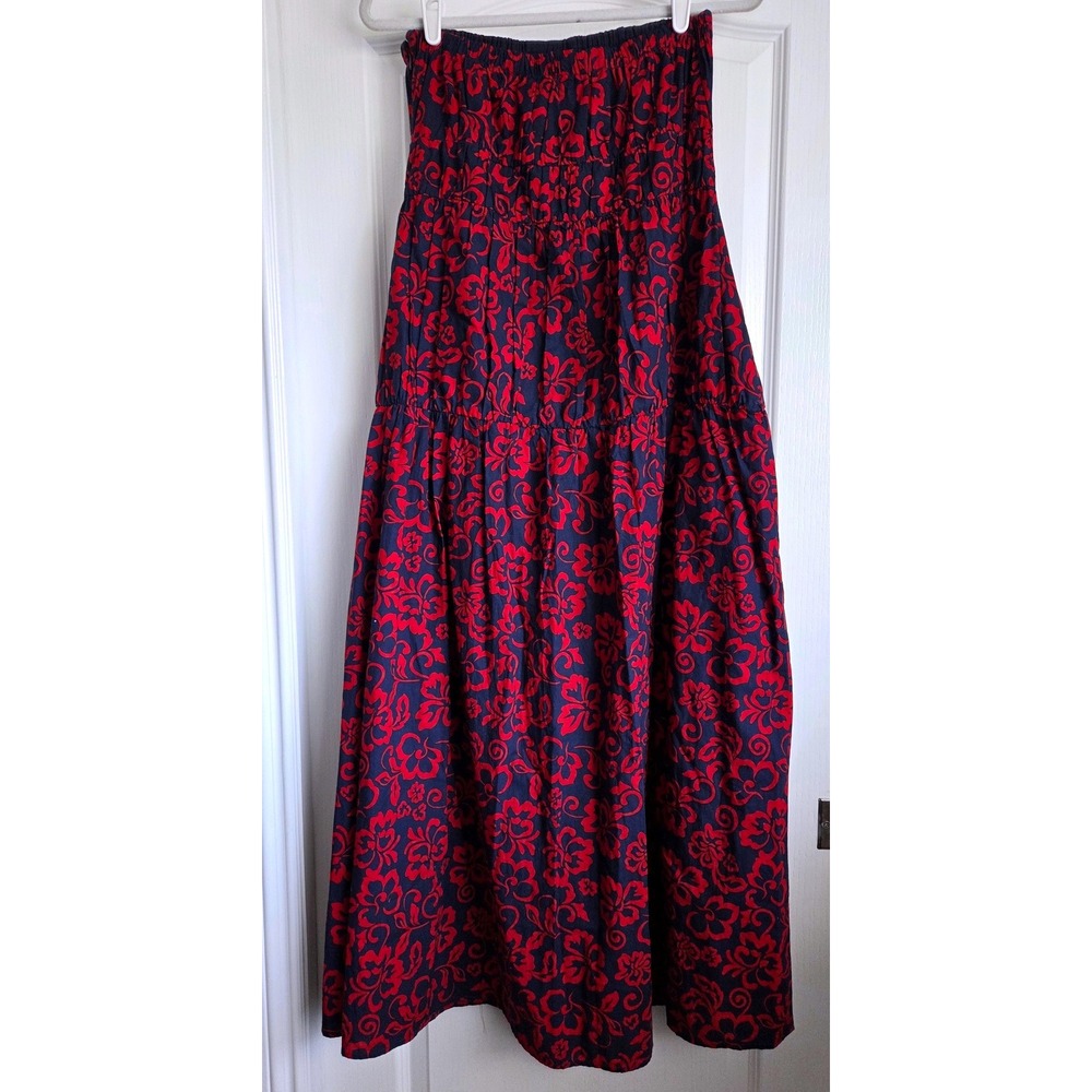 Anthro Sundry Aloha Floral Strapless Maxi Dress Navy Red Smock Tier Cotton Sz M - Picture 4 of 8